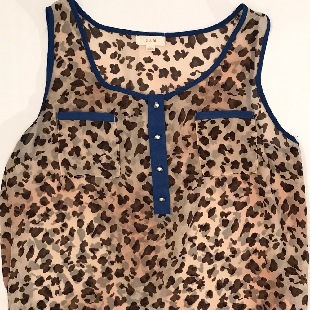 Anthropologie Sleeveless Sheer Animal Print Blue Silver Studs Split Open Back